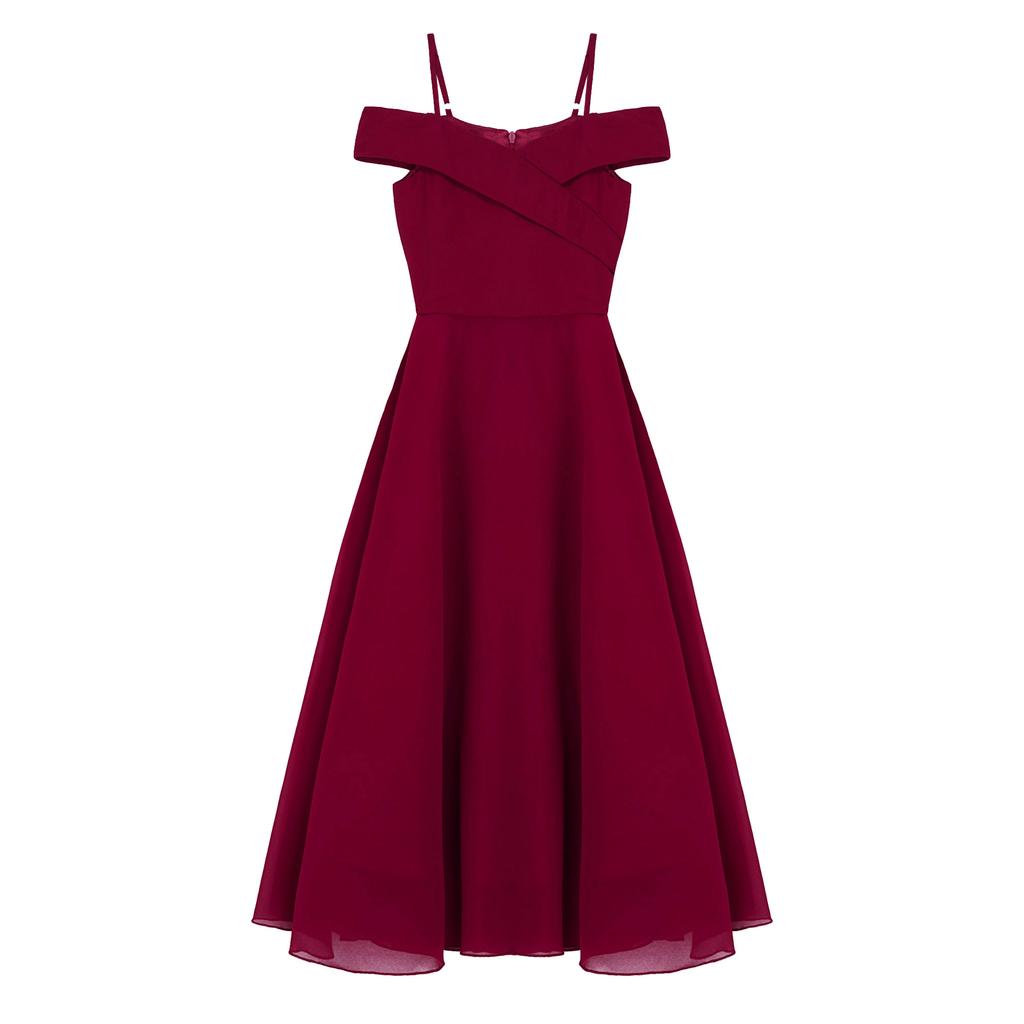 Kids Girls Elegant Chiffon Party Dress Off Shoulder Adjustable Strap Floor Length Evening Gown