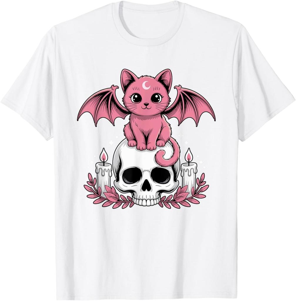 Kawaii Pastel Goth Cute Creepy Cat Bat Skeleton T-Shirt Print Original Design Gifts T Shirts Mens Clothing Camisas Streetwear