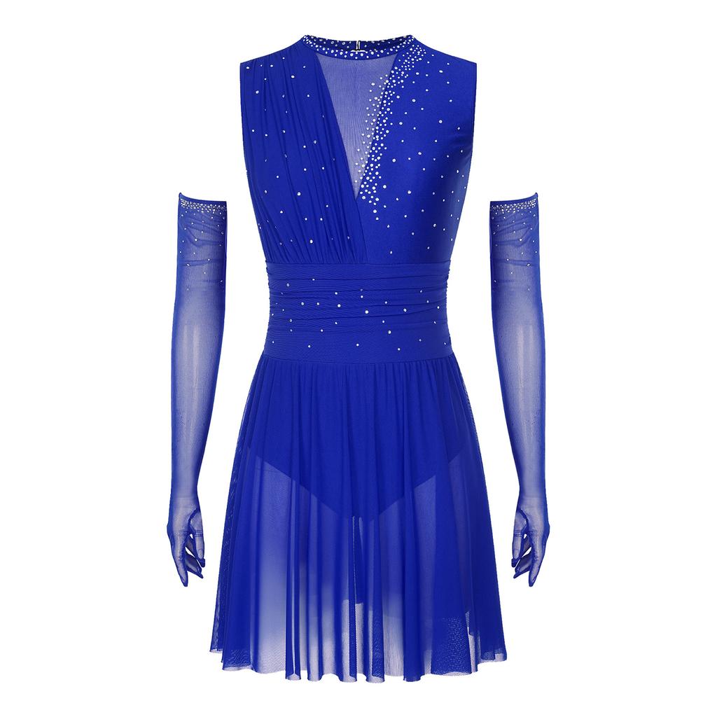 Женское платье для фигурного катания, длинные перчатки, без рукавов, с блестящими стразами, с вырезом на спине, юбка-купальник