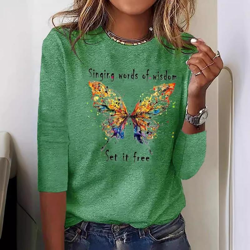 Summer Butterfly Floral Stripe Printed Round Neck Long Sleeve Loose T-Shirts Women’s