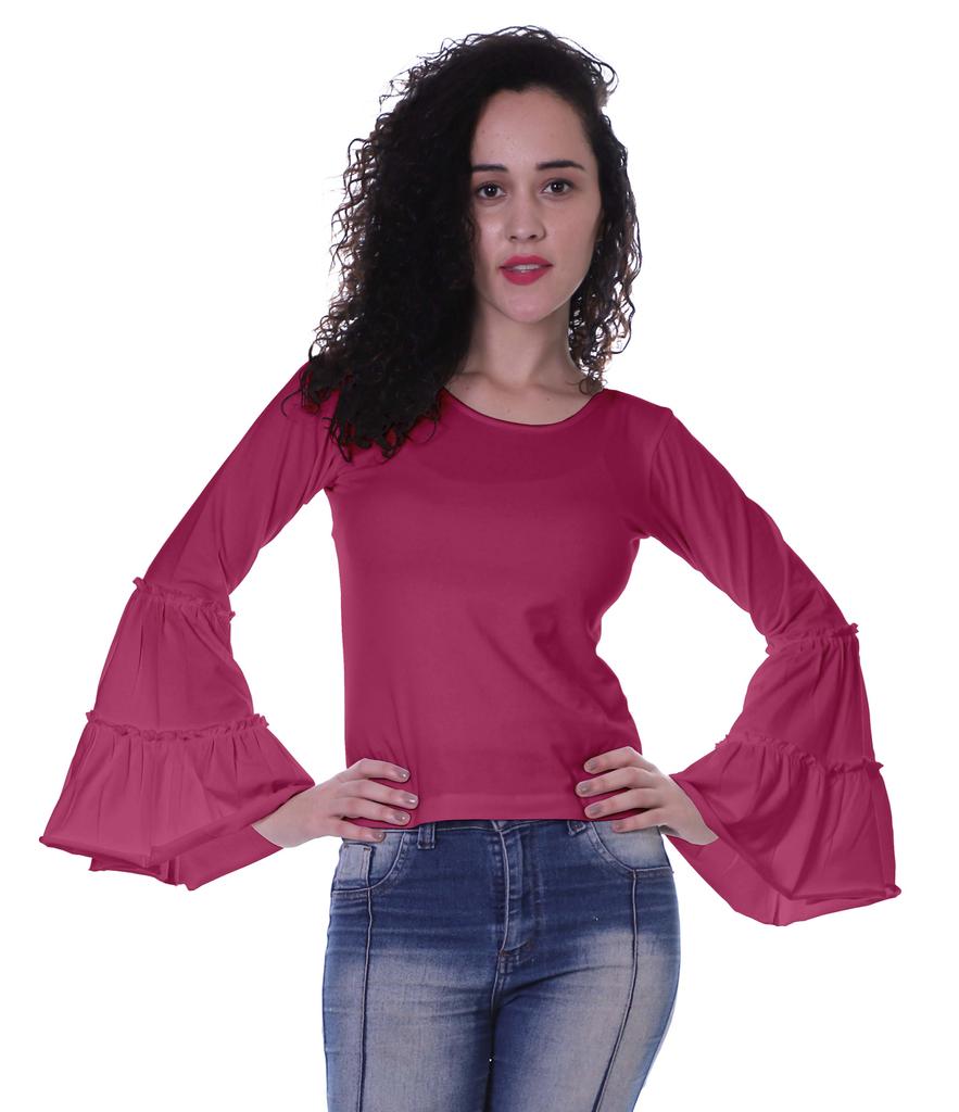 Moomaya Womens Long Bell Sleeves Tshirt Top Round Neck Plain Casual Fit Summer Tee