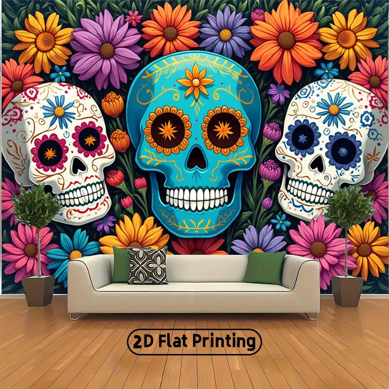 2D plane, colorful Halloween sugar skulls with floral background banners, suitable for festival decoration,zyc