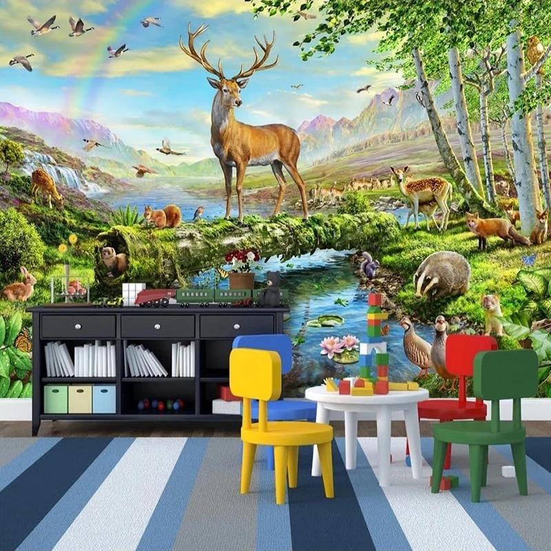 3D обои с изображением оленя, реки, животных, лесного пейзажа, фотообои для детской комнаты, фоновые обои