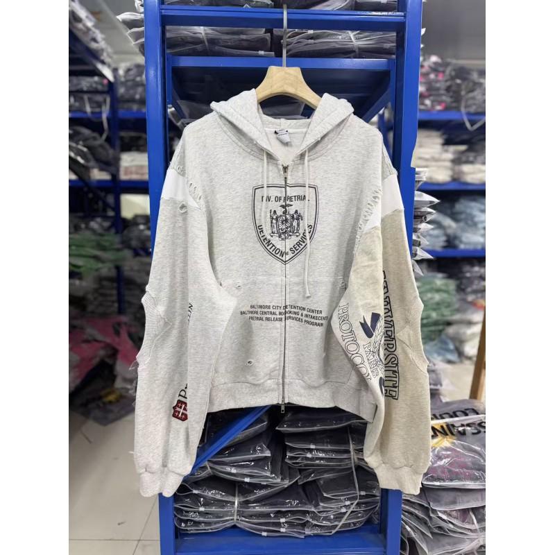 Unisex Distressed Patchwork Hooded Sweatshirt With Embroidered Zipper Front Casual Streetwear