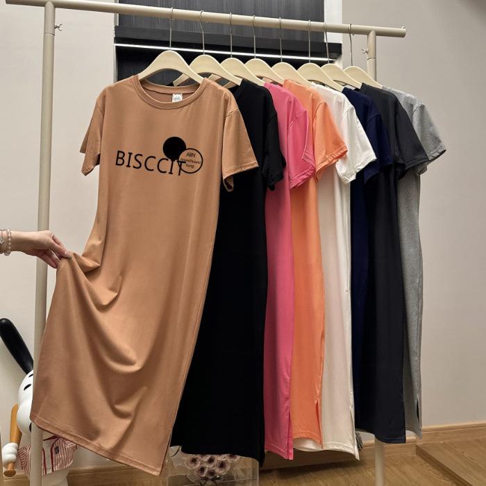 Платье-футболка длиной до колена, Свободный, Повседневный и Непринужденный стиль, Прямая юбка, Платье с круглым вырезом, двойным разрезом и короткими рукавами для женщин на лето