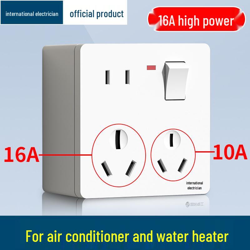 Surface Mount 86 Type 16A Single Gang 8-Hole Kitchen AC Wall Socket Panel with Switch