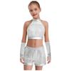 Girls Shiny Sequin Crop Top Keyhole Back Sleeveless Shorts Metallic Gloves Tassels Stage Costume