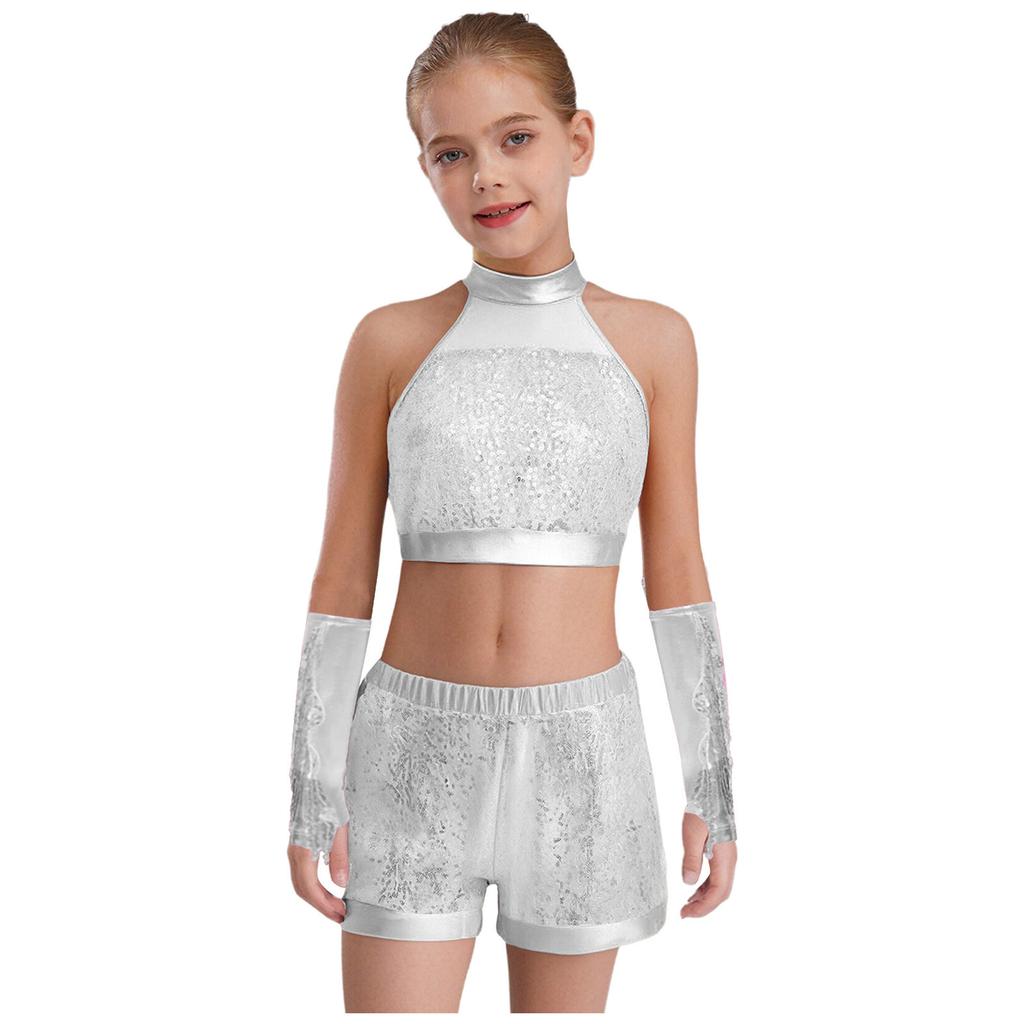 Girls Shiny Sequin Crop Top Keyhole Back Sleeveless Shorts Metallic Gloves Tassels Stage Costume