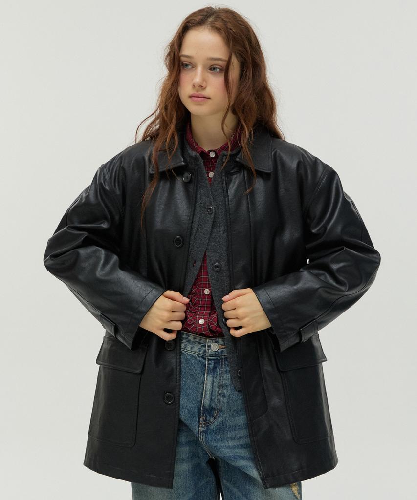 NEW LOOKY Leather Mac Coat_Black