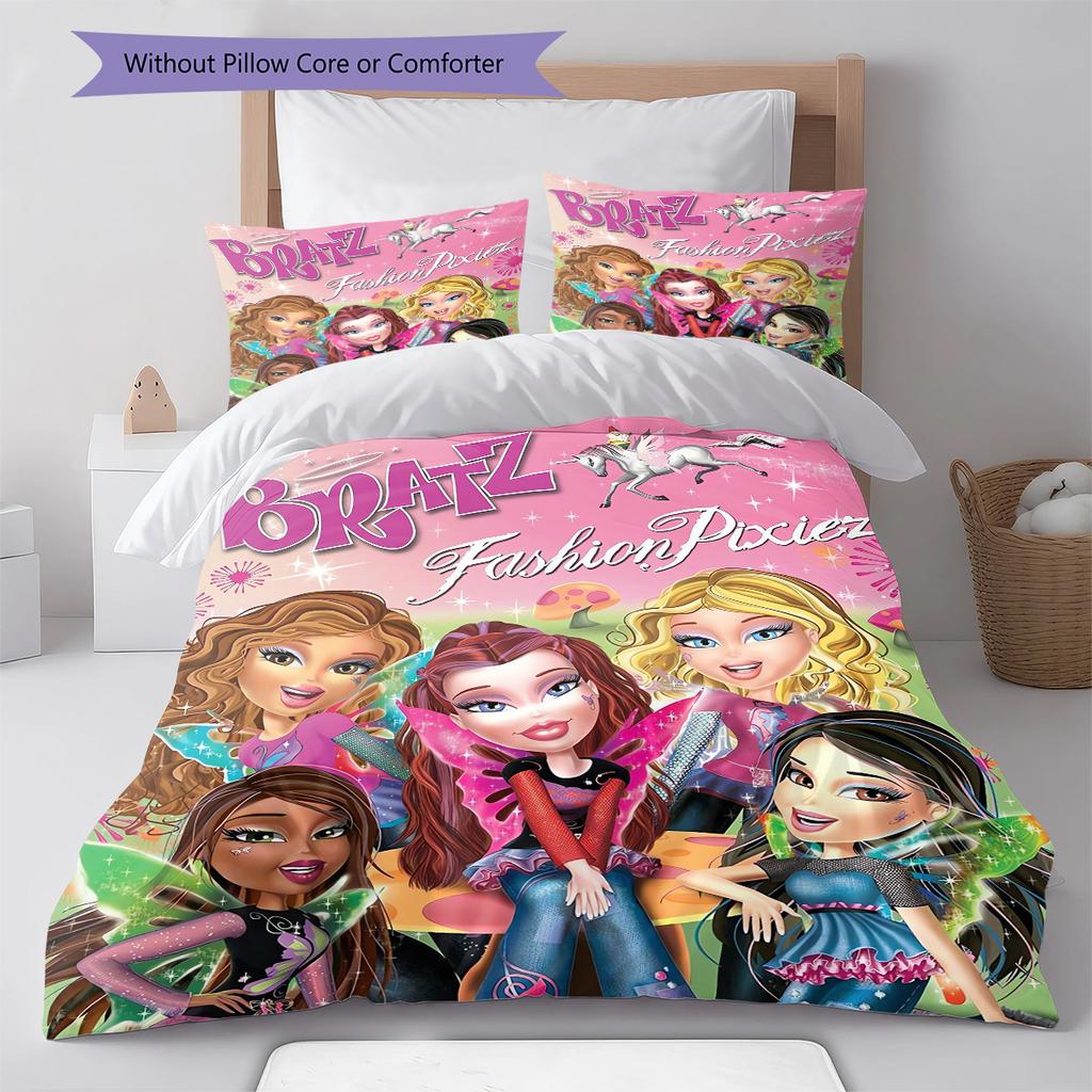 Постельное белье с принтом кукол Bratz, комплект одеял, пододеяльник, наволочка, домашний декор, подарок (1 пододеяльник + 2 наволочки, без наполнителя)
