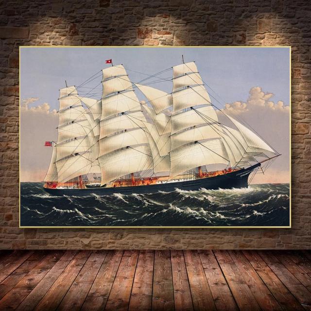 Винтажный Парусный Корабль Морской Пейзаж Холст Картина Плакат Корабль Фрески Печатает Волну Настенные Художественные Фотографии для Гостиной Домашний Декор