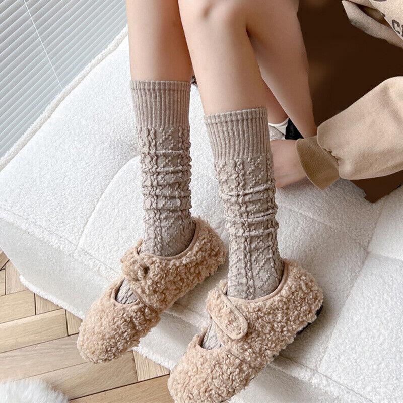 Women Girls Knee High Long Socks Thick Winter Warm Cotton Cable Knit Stockings