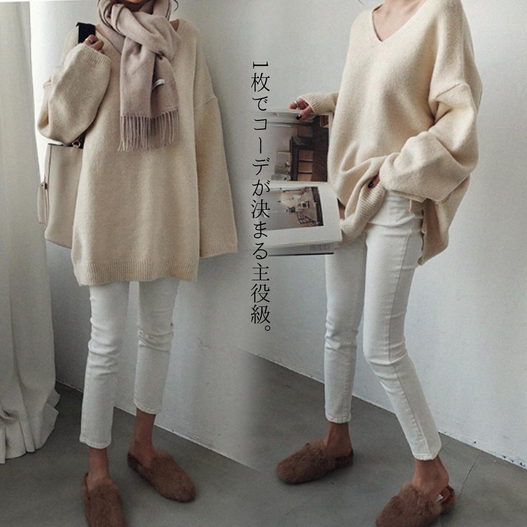 Knit Long Sleeve Loose Side Casual Top for Korean Perfect for Winter [OGCPWYQZ] Women's Sweater, V-Neck Top, Blouse, Fit, Slits, Flattering, Slimming,