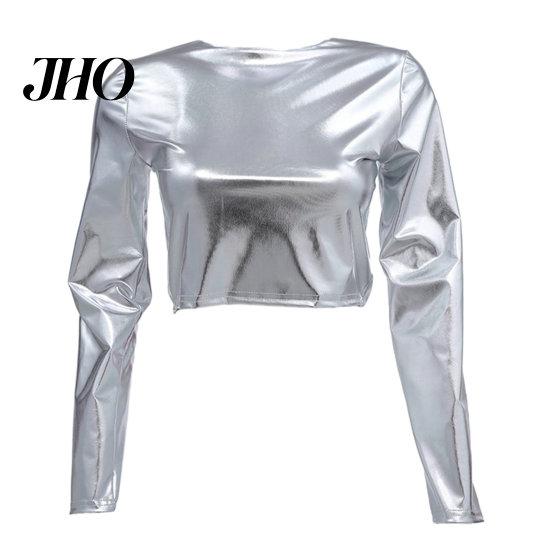 Women Top Club Glossy Faux Leather Half-high Collar Solid Color Waist-exposed Long Crop Sleeve Skinny Pullover Elastic Nightclub Stage Show