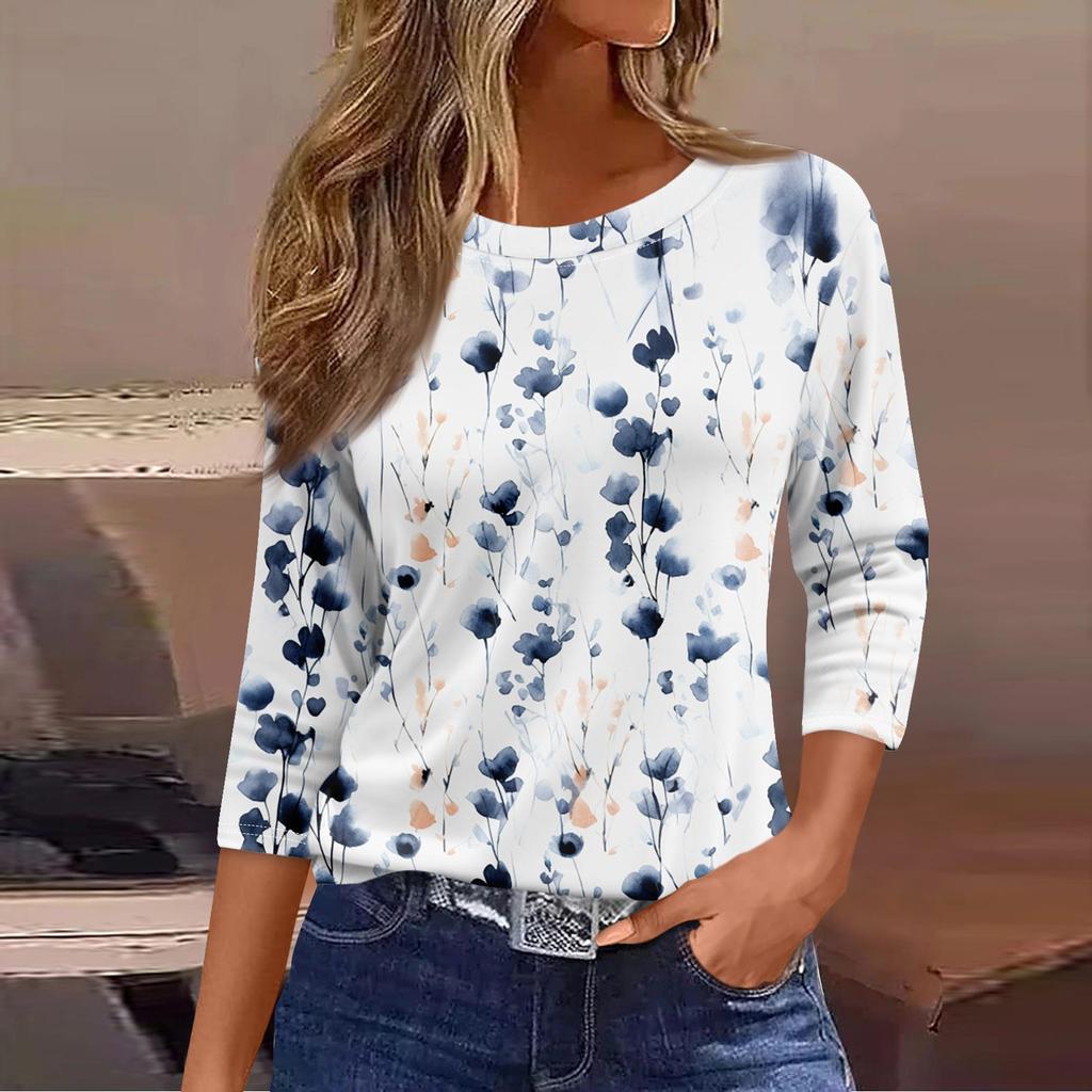 Women's Fashion Casual Round Neck 3/4 Sleeve Loose Printed T-Shirt Ladies Top