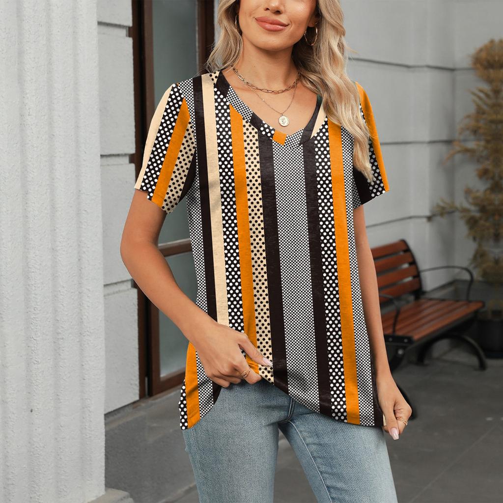 Women's Fashion V Neck Floral Print Short Sleeved Pullove T-shirt Top