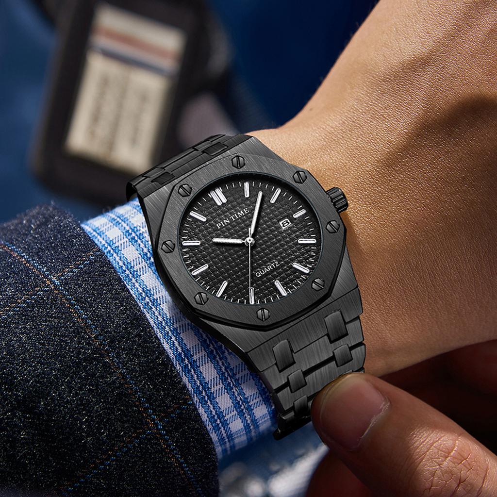 PINTIME Мужские часы класса люкс, автоматические часы с датой, водонепроницаемые, светящиеся, мужские наручные часы, кварцевые, из нержавеющей стали, спортивные часы