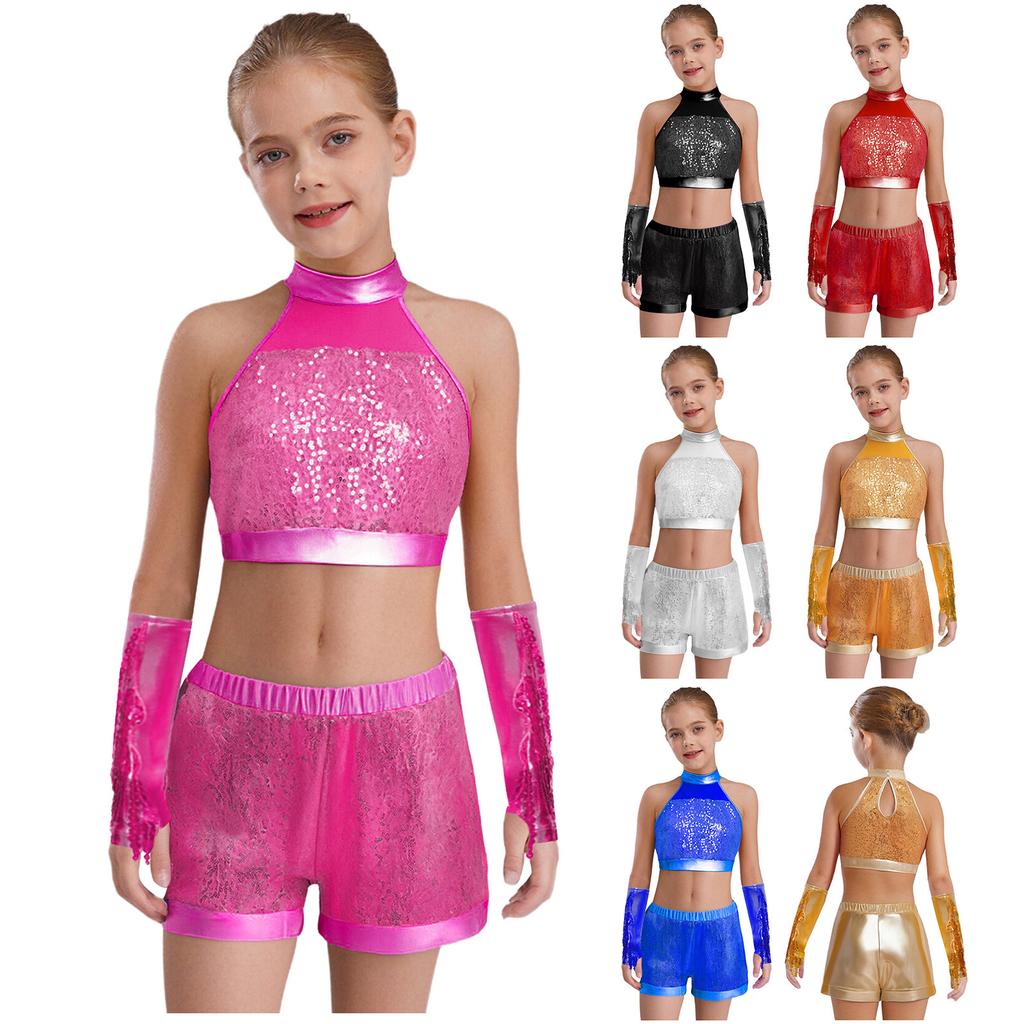 Girls Shiny Sequin Crop Top Keyhole Back Sleeveless Shorts Metallic Gloves Tassels Stage Costume