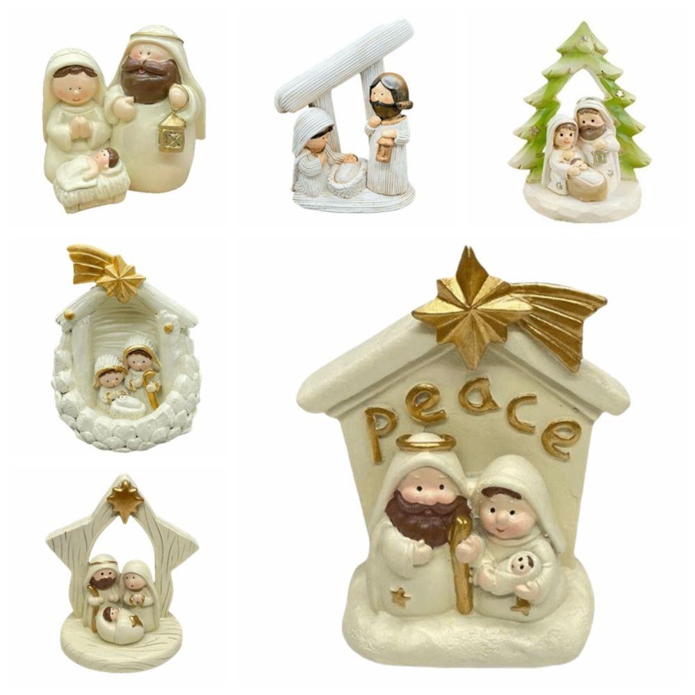 Resin Jesus Christ Family Figurine Xmas Scene Decor Christian Nativity Family Sculpture Cartoon Cute Holiday Gift