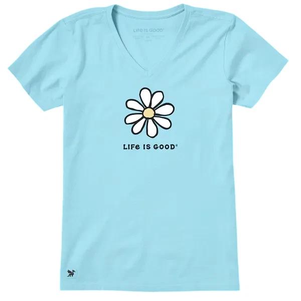 Life is Good Women's Single Daisy Mini Short Sleeve Crusher-LITE Vee, Aqua Blue