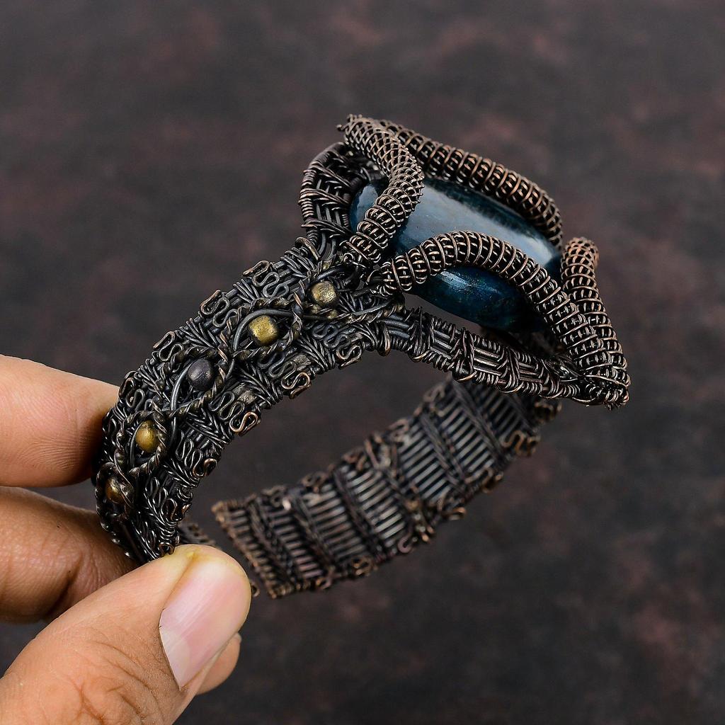 Браслет-манжета с неоновым апатитом, браслет с драгоценными камнями, браслет-манжета из медной проволоки, ювелирные изделия из медной проволоки ручной работы, регулируемый браслет, подарки для мамы