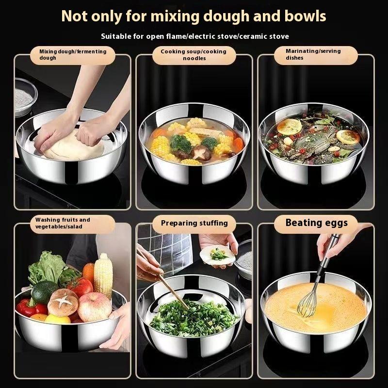 Golden Silver Stainless Steel Round Kitchen Cooking And Baking Kneading Bowl Rust-Resistant For Kneading Dough Serving Noodles