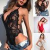 Women Sexy Bodysuit See-through Lace Skinny Low-cut V Neck Backless Sleeveless Hollow Out Flower Embroidery Adjustable Straps Solid Color Honeymoon