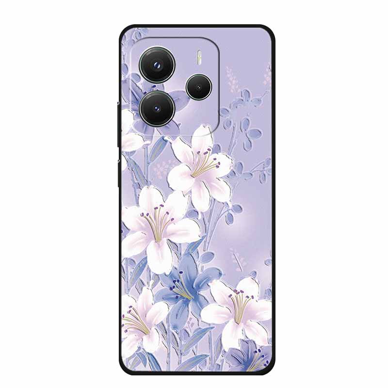 3D Emboss Case For Xiaomi Redmi Note 14 Phone Case Flowers Black Silicone Soft Back Cover Coque For Redmi Note 14 5G Global Case