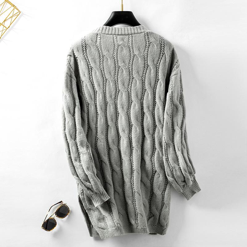 Осенне-зимний женский трикотаж средней длины, свободный, с V-образным вырезом, однотонный кардиган-свитер