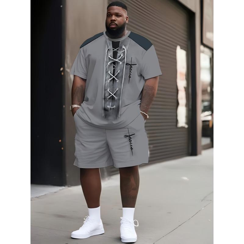 Стильный мужской комплект с принтом, свободная футболка и шорты для шопинга и путешествий PLUS SIZE