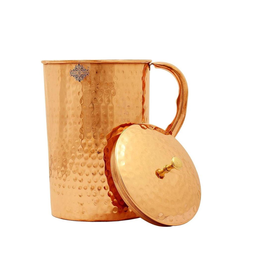 Подарочный набор медной посуды: 1 кувшин и 6 стаканов с подарочной коробкой и чеканным дизайном, подарочный предмет на Дивали, кувшин - 1,5 литра и стакан - 300 мл