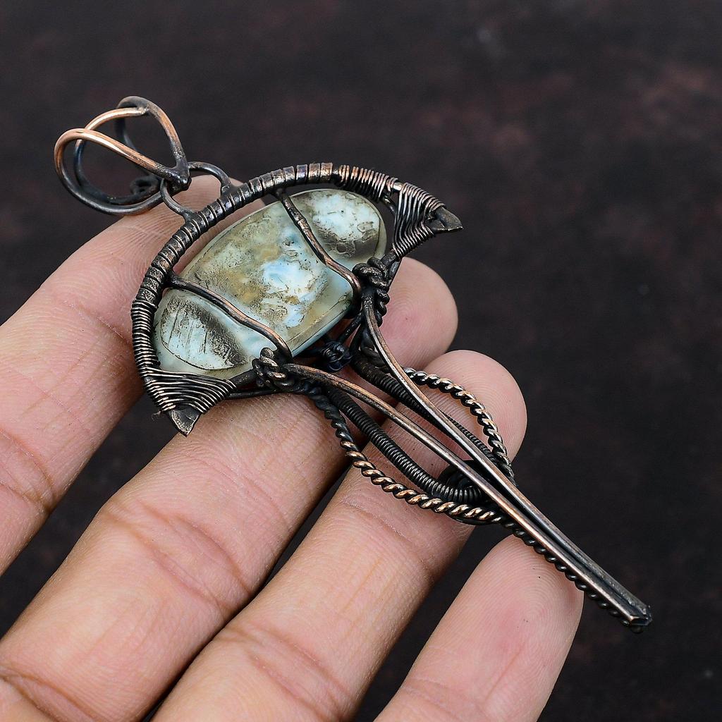 Подвеска из ларимара, обернутая медной проволокой, ювелирные изделия из драгоценных камней ларимара, дизайнерская подвеска ручной работы, уникальные ювелирные изделия из медной проволоки, подарки на помолвку