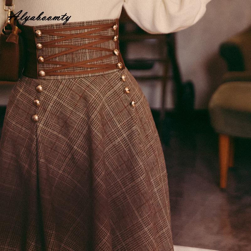 Осень-зима в английском стиле, женская длинная теплая юбка макси с высокой талией, бандажная плотная клетчатая шерстяная юбка, элегантная женская шерстяная юбка трапециевидной формы