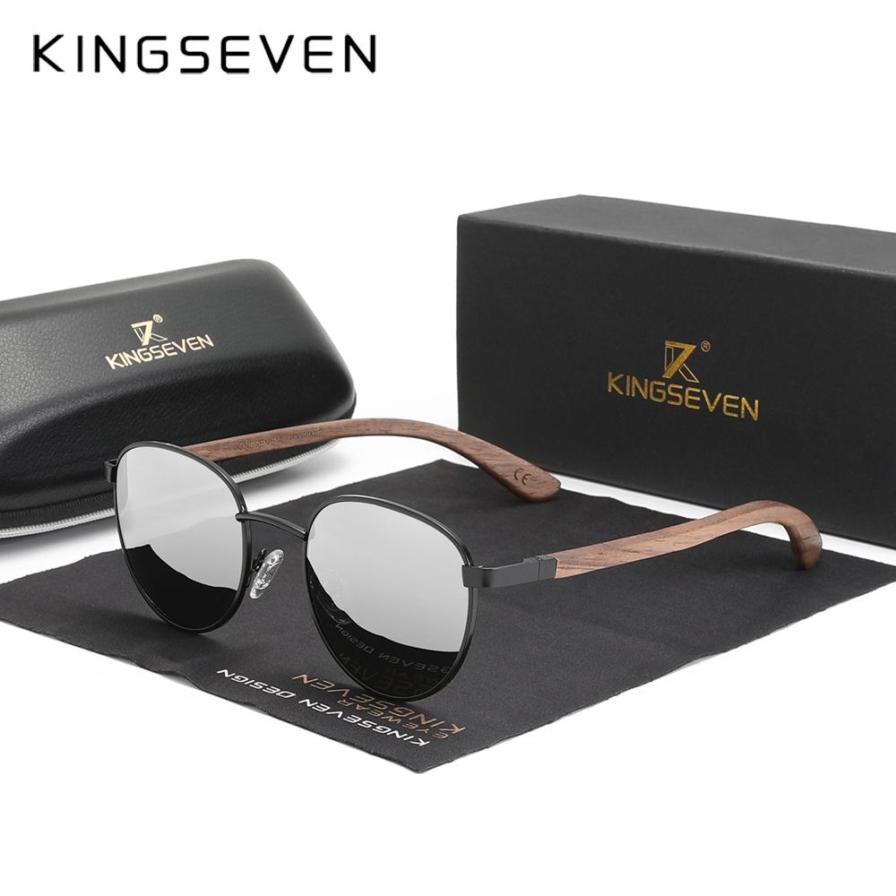 Kingseven 2022 New Handmade Walnut Wood Round Sunglasses Men Women Polarized Mirror Sun Glasses Male Steampunk Shades Oculos