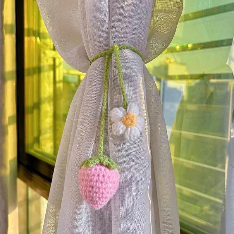 Cute Handmade Flower Knitted Pendant Car Rear View Mirror Decor Hanging Crochet Pink Strawberry Bag Key Pendant Women Girl Gift