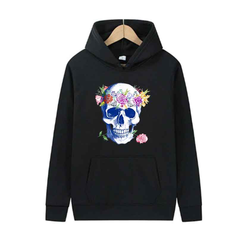 Men Women Same Style Autumn Hoodies Print Skull Flower Daily Pullover Warm Hoodie Fashion Pocket Sweatshirts Casual Sweatshirt