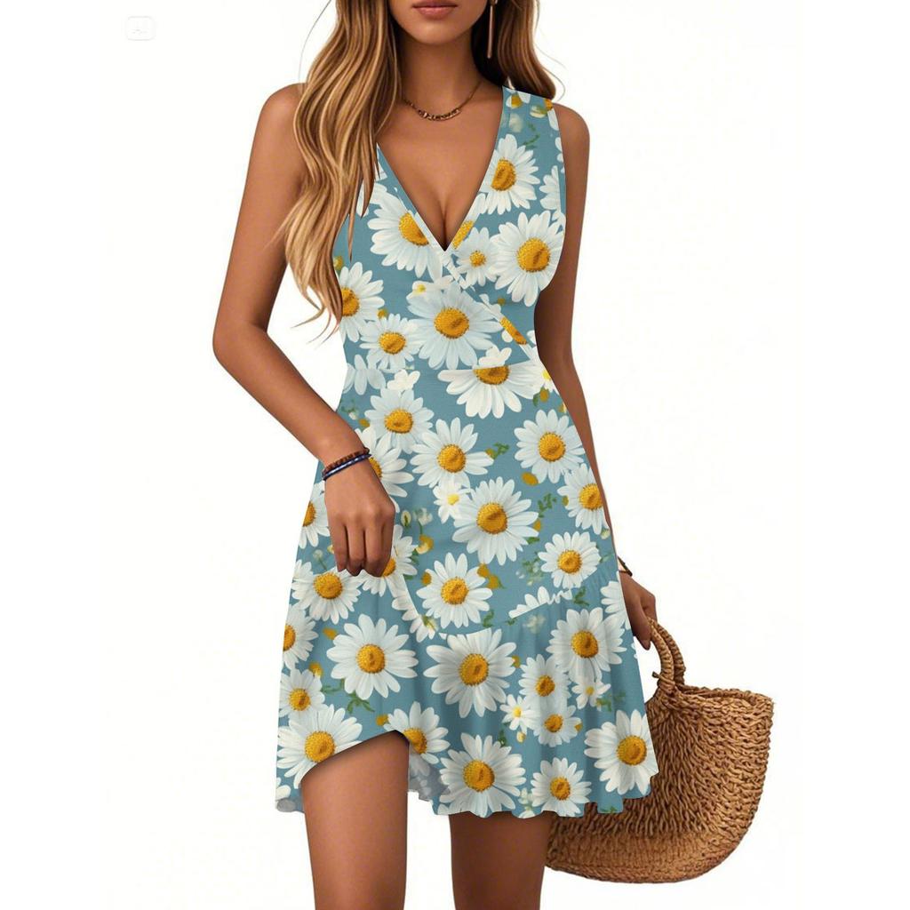 Women's Dress V-neck Sleeveless Casual Floral Print Hem Pleated Dress