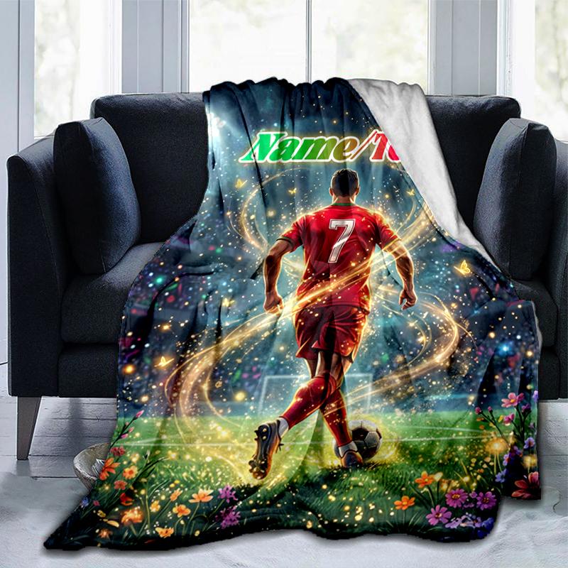 1PC Custom Name Soccer Star Action outdooor Flannel blankets Throw Blanket All-Season Throw Gift Bedspread for Couch, Bed, Camping Holiday Birthday gi