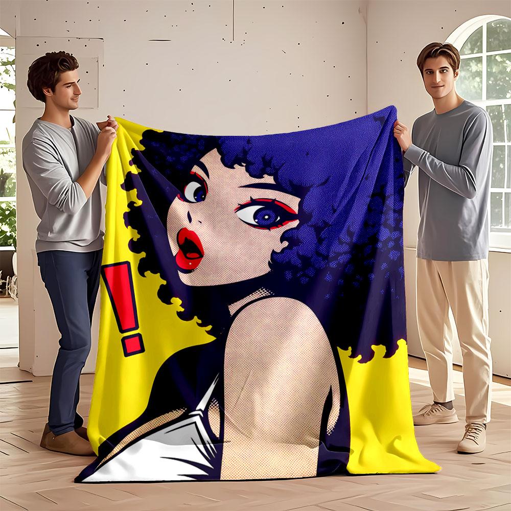Pop art-style woman with blue curly hair, red lips, and red exclamation mark. for all seasons blanket lunch break throw gift
