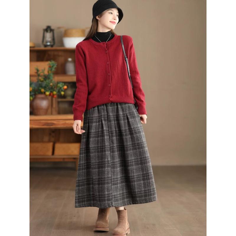 Юбка в клетку из пряжи, окрашенной в ретро-стиле, женская, осенне-зимняя, теплая, шерстяная, длинная, юбка в клетку средней и большой длины