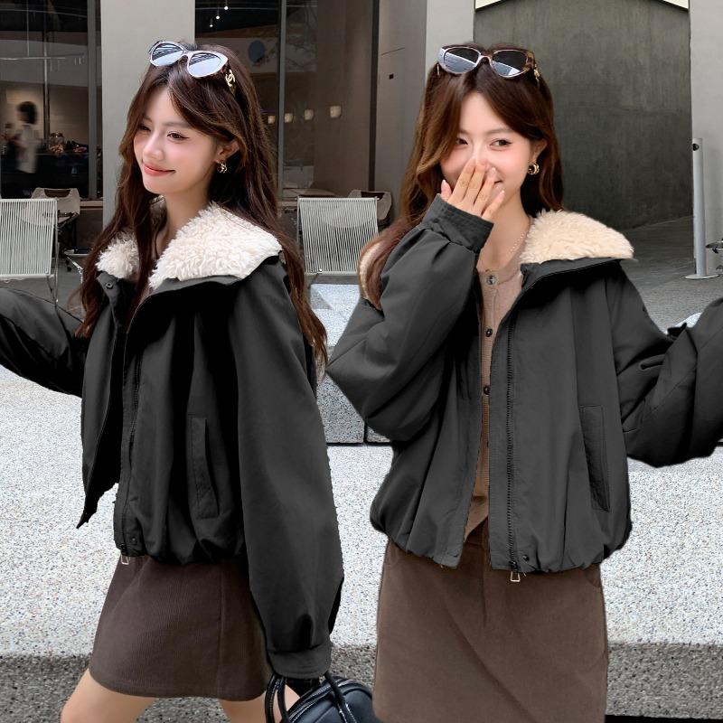 Women Short Faux Lamb Fur Collar Padded Workwear Winter Jacket
