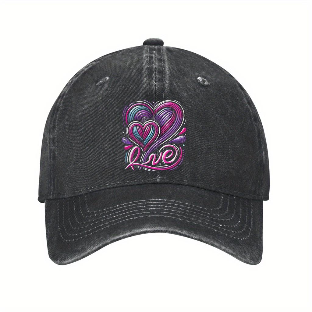 Colorful Love Heart Graphic Washed Denim Baseball Cap Unisex Cotton Casual Adjustable Outdoor Sports Hat