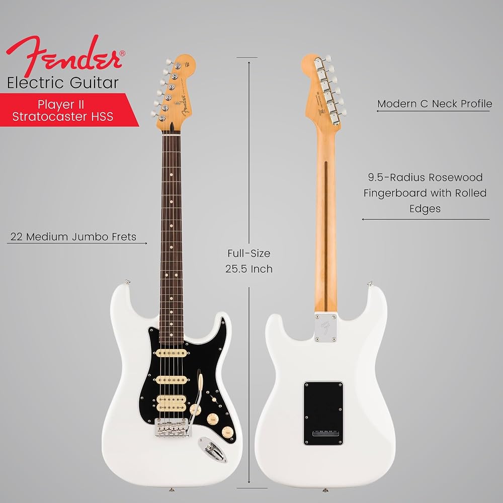 Fender Player II Stratocaster HSS Electric Guitar Rosewood Fingerboard Polar White with Soft Case