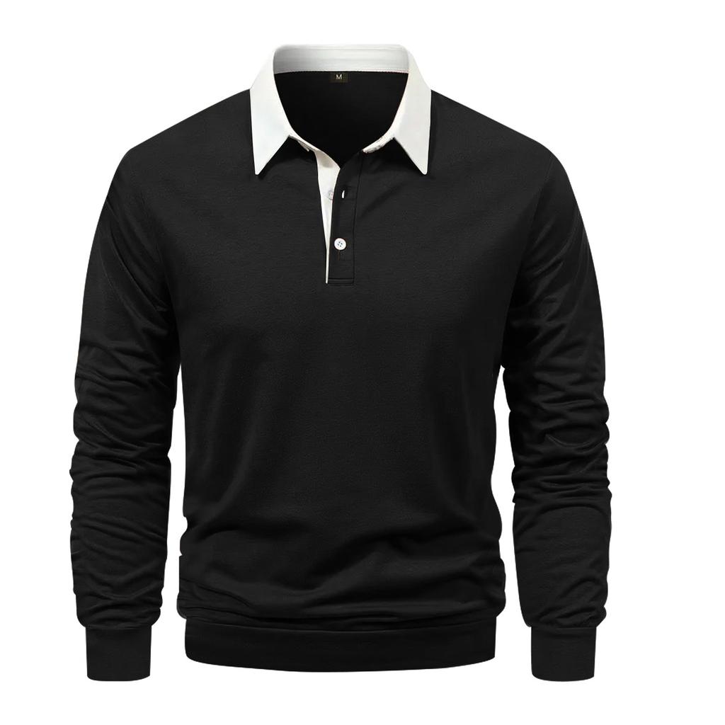 Мужская повседневная деловая рубашка с лацканами, высококачественная, однотонная, с длинными рукавами, PO LO, пуловер