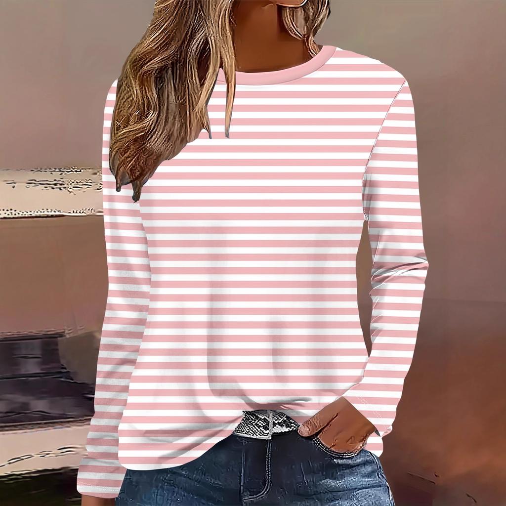 Round Neck 3D Striped Printed Top Casual Long Sleeved Women's T-shirts - Soft Medium Stretch Polyester Fabric Spring and Autumn Relaxed Fit Clothing