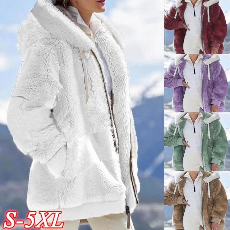 Women's Autumn and Winter Warm Loose Plush Multicolor Hooded Jacket