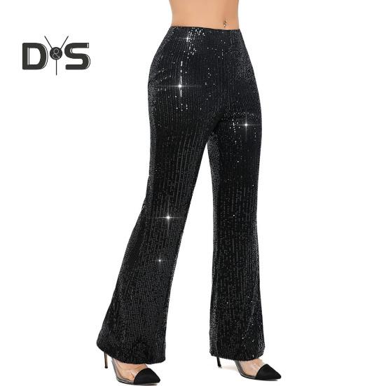 Women High Waist Sparkling Pants Wide Leg Flared Trousers Sequin Bling Party Slacks Glitter Night Out Pants Clubwear