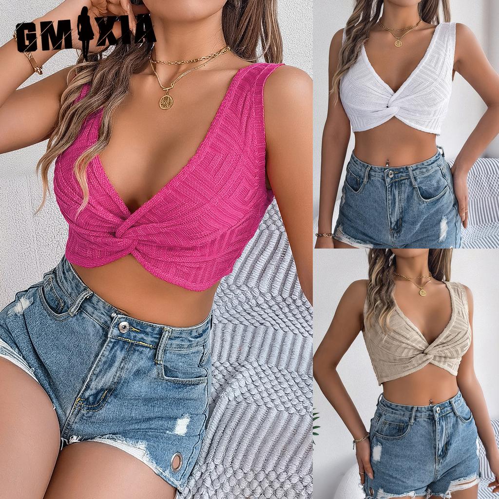 GMXIA Spring Summer Solid-color Knotted Crop Top for Vacation Women's Wear