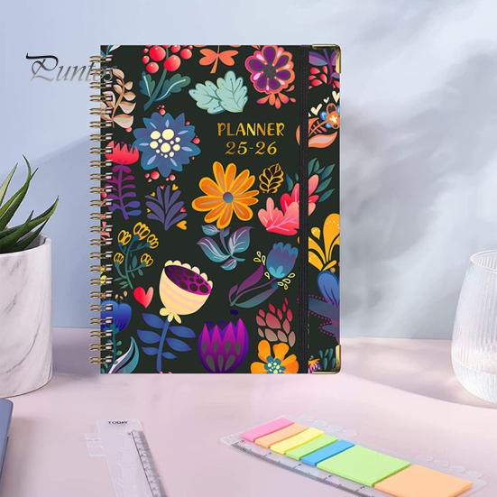 Планировщик на 2025-2026 гг., июль 2025 г. - июнь 2026 г., ежедневный, еженедельный, ежемесячный, 12-месячный, с цветочным принтом, спиральный переплет, блокнот для домашнего офиса, школы
