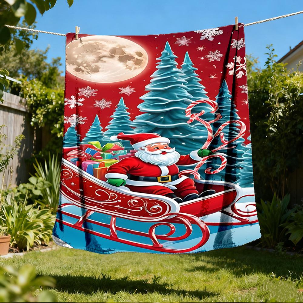 1pc Christmas Santa Claus Outdoor Flannel Blanket Soft All Season Polyester Throw , Perfect for Picnics & Travel , Picnic Accessory